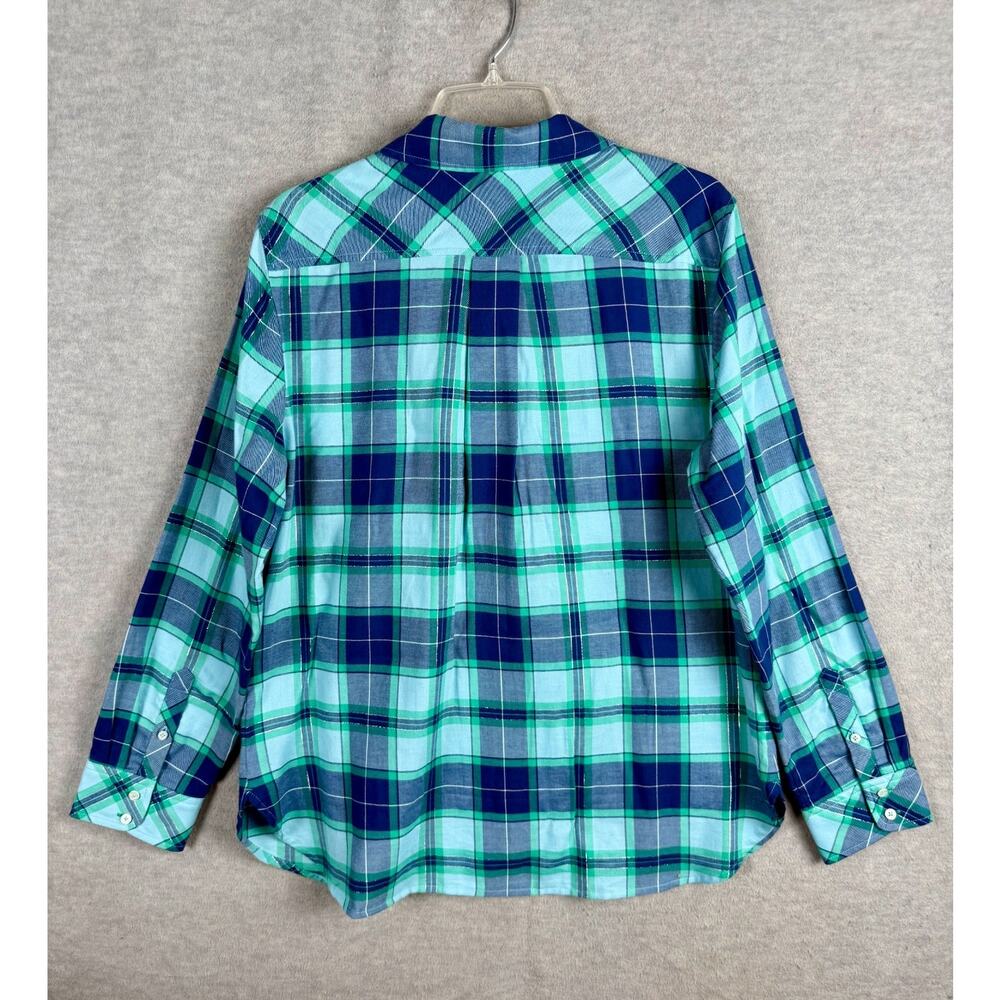 Talbots L Modern Classic Button Up Lightweight Flannel Shirt Blue Green Plaid - Picture 7 of 7